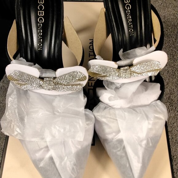 BCBGeneration Shoes Womens Size 6.5 Black Rhinestone Bows Pointed Toe Mule Heels - Picture 2 of 11